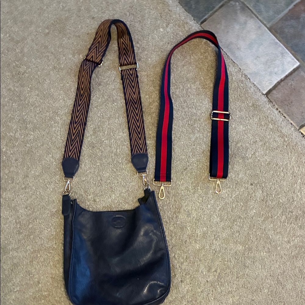 Stylish Navy Leather Crossbody Bag with 2 Straps